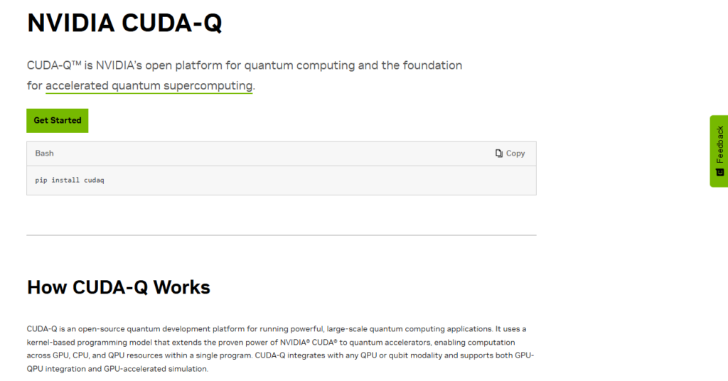 NVIDIA CUDA-Q quantum computing languages webpage explaining installation and heterogeneous quantum computing workflows.