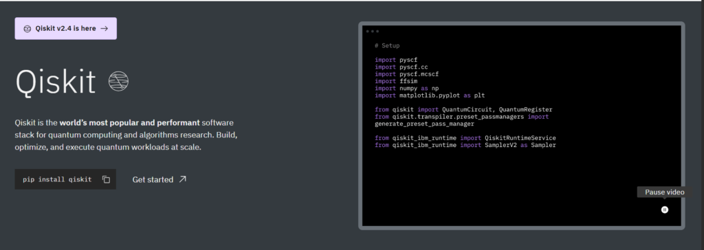  Qiskit webpage showing installation guidance and a Python circuit example.