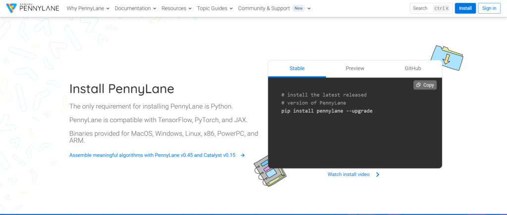 PennyLane quantum programming language installation page showing package setup and supported machine learning interfaces.