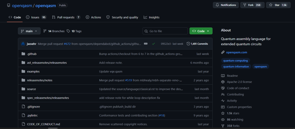 OpenQASM GitHub repository showing specification files for quantum circuit interchange.