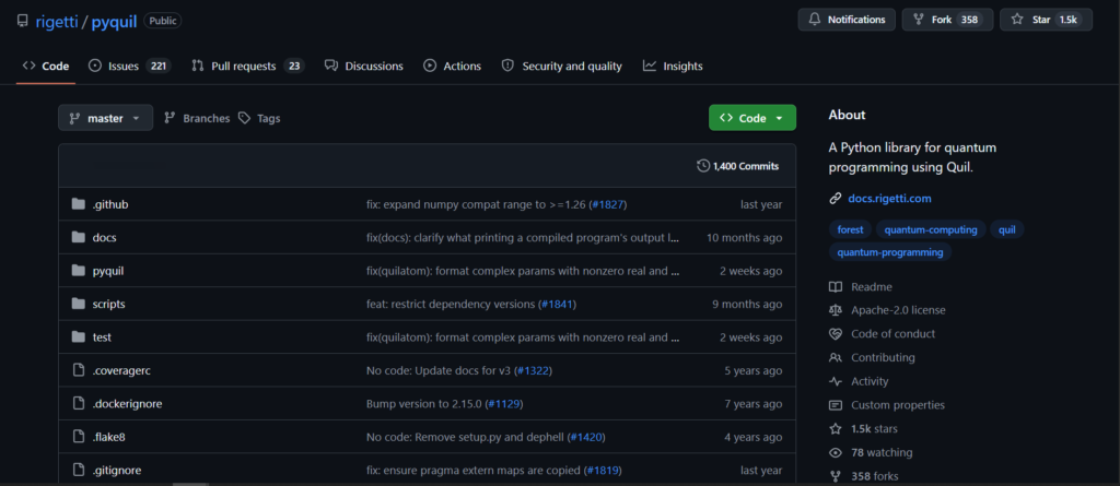 pyQuil GitHub repository showing the Python library for creating and running Quil programs.