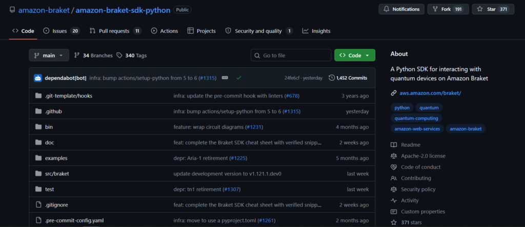 Amazon Braket SDK GitHub repository showing project files and documentation links for quantum computing languages.