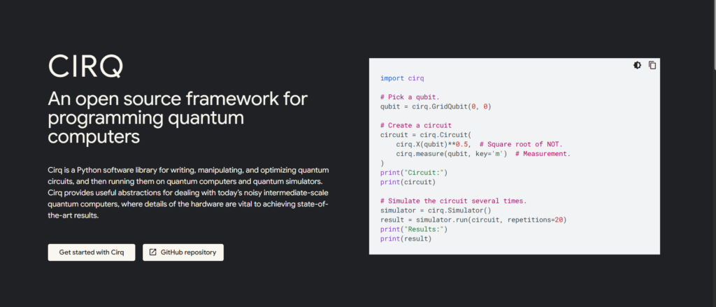 Cirq quantum computing programming language webpage showing the framework overview and a Python quantum circuit.