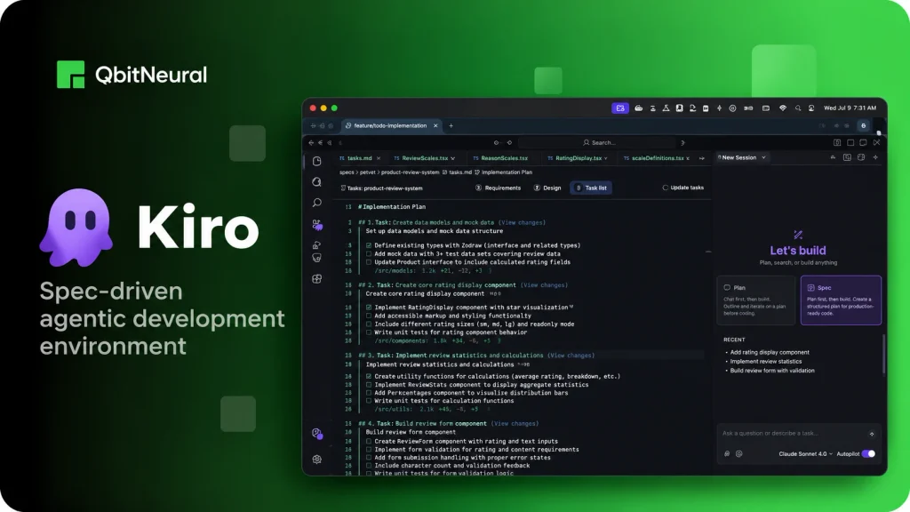 Kiro IDE showing AI coding agents using a spec-driven implementation plan and development workflow.