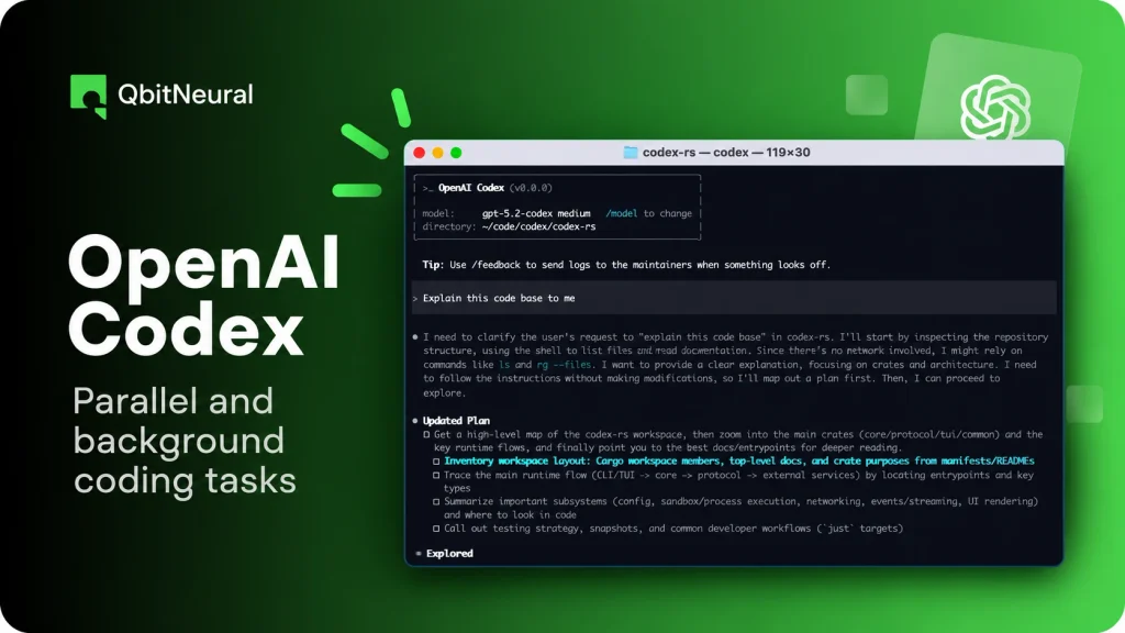 OpenAI Codex interface showing AI coding agents analyzing a codebase and planning development tasks.