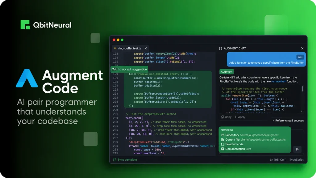 Augment Code interface showing AI coding agents using codebase context to generate TypeScript changes.