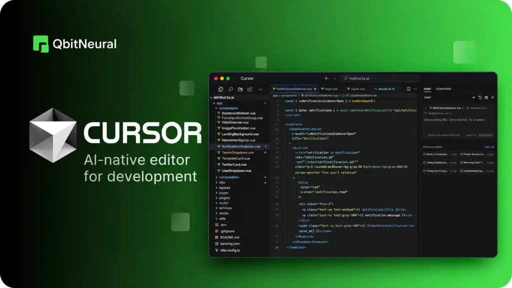 Cursor editor showing AI coding agents for code editing, repository context, and integrated AI chat.