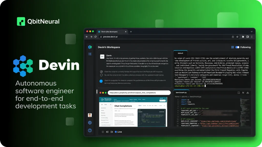 Devin workspace showing AI coding agents using a browser, terminal, code editor, and task planning.