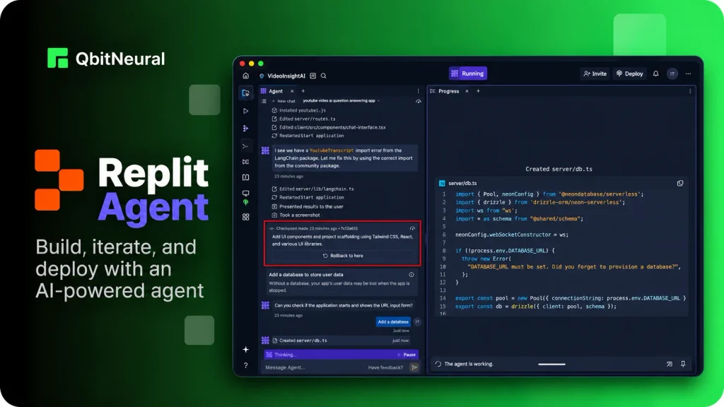 Replit Agent showing AI coding agents building an application, editing code, and executing development tasks.
